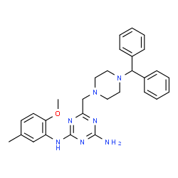 ChemSpider 2D Image | 6-[(4-benzhydryl-1-piperazinyl)methyl]-N~2~-(2-methoxy-5-methylphenyl)-1,3,5-triazine-2,4-diamine | C29H33N7O
