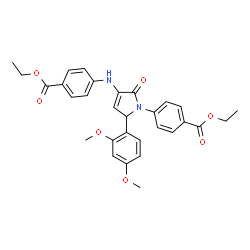 ChemSpider 2D Image | Ethyl 4-[5-(2,4-dimethoxyphenyl)-3-{[4-(ethoxycarbonyl)phenyl]amino}-2-oxo-2,5-dihydro-1H-pyrrol-1-yl]benzoate | C30H30N2O7