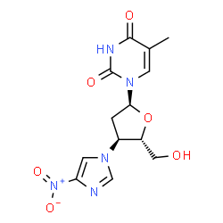 ChemSpider 2D Image | 1-[2,3-Dideoxy-3-(4-nitro-1H-imidazol-1-yl)-alpha-D-erythro-pentofuranosyl]-5-methyl-2,4(1H,3H)-pyrimidinedione | C13H15N5O6