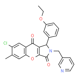 ChemSpider 2D Image | 7-Chloro-1-(3-ethoxyphenyl)-6-methyl-2-(3-pyridinylmethyl)-1,2-dihydrochromeno[2,3-c]pyrrole-3,9-dione | C26H21ClN2O4
