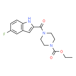 ChemSpider 2D Image | Ethyl 4-[(5-fluoro-1H-indol-2-yl)carbonyl]-1-piperazinecarboxylate | C16H18FN3O3