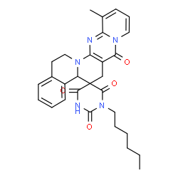 ChemSpider 2D Image | spiro[6H,7H-benzo[a]pyrido[1',2':1,2]pyrimido[4,5-f]quinolizine-5(15H),5'(4'H)-pyrimidine]-4',6',7(1'H)-trione, 1'-hexyl-4b,16-dihydro-2'-hydroxy-12-methyl- | C29H31N5O4