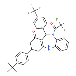 ChemSpider 2D Image | 3-[4-(2-Methyl-2-propanyl)phenyl]-10-(trifluoroacetyl)-11-[4-(trifluoromethyl)phenyl]-2,3,4,5,10,11-hexahydro-1H-dibenzo[b,e][1,4]diazepin-1-one | C32H28F6N2O2