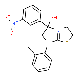 ChemSpider 2D Image | 5-Hydroxy-7-(2-methylphenyl)-5-(3-nitrophenyl)-3,5,6,7-tetrahydro-2H-imidazo[2,1-b][1,3]thiazol-4-ium | C18H18N3O3S