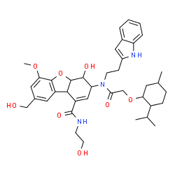 ChemSpider 2D Image | 4-Hydroxy-N-(2-hydroxyethyl)-8-(hydroxymethyl)-3-([2-(1H-indol-2-yl)ethyl]{[(2-isopropyl-5-methylcyclohexyl)oxy]acetyl}amino)-6-methoxy-3,4,4a,9b-tetrahydrodibenzo[b,d]furan-1-carboxamide | C39H51N3O8