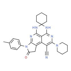 ChemSpider 2D Image | 8'-(4-Methylphenyl)-9'-oxo-2'-(1-piperidinyl)-6',8',9',10'-tetrahydro-4'H-spiro[cyclohexane-1,5'-pyrimido[4,5,6-ij]pyrrolo[2,3-c][2,7]naphthyridine]-1'-carbonitrile | C29H31N7O