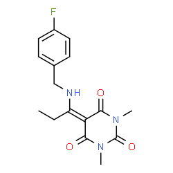 ChemSpider 2D Image | 5-{1-[(4-Fluorobenzyl)amino]propylidene}-1,3-dimethyl-2,4,6(1H,3H,5H)-pyrimidinetrione | C16H18FN3O3