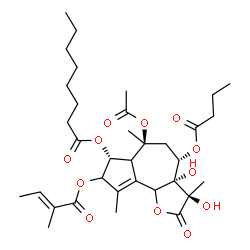 ChemSpider 2D Image | (3R,3aS,4S,6S,7R)-6-Acetoxy-4-(butyryloxy)-3,3a-dihydroxy-3,6,9-trimethyl-8-{[(2E)-2-methyl-2-butenoyl]oxy}-2-oxo-2,3,3a,4,5,6,6a,7,8,9b-decahydroazuleno[4,5-b]furan-7-yl octanoate | C34H50O12
