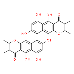ChemSpider 2D Image | 5,5',6,6',8,8'-Hexahydroxy-2,2',3,3'-tetramethyl-2,2',3,3'-tetrahydro-4H,4'H-9,9'-bibenzo[g]chromene-4,4'-dione | C30H26O10