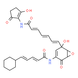 ChemSpider 2D Image | (2E,4E,6E)-7-(4-{[(2E,4E)-5-Cyclohexyl-2,4-pentadienoyl]amino}-2-hydroxy-5-oxo-7-oxabicyclo[4.1.0]hept-3-en-2-yl)-N-(2-hydroxy-5-oxo-1-cyclopenten-1-yl)-2,4,6-heptatrienamide | C29H32N2O7