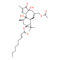 ChemSpider 2D Image | (1aR,1bS,4aR,7aS,7bR,8R,9aS)-3-(Acetoxymethyl)-4a,7b-dihydroxy-1,1,6,8-tetramethyl-5-oxo-1,1a,1b,4,4a,5,7a,7b,8,9-decahydro-9aH-cyclopropa[3,4]benzo[1,2-e]azulen-9a-yl (2E)-2-nonenoate | C31H44O7