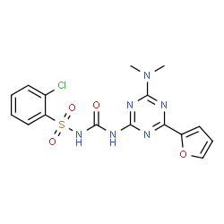 ChemSpider 2D Image | 2-Chloro-N-{[4-(dimethylamino)-6-(2-furyl)-1,3,5-triazin-2-yl]carbamoyl}benzenesulfonamide | C16H15ClN6O4S