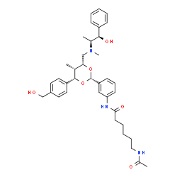 ChemSpider 2D Image | 6-Acetamido-N-{3-[(2R,4S,5S,6R)-4-[4-(hydroxymethyl)phenyl]-6-({[(1R,2S)-1-hydroxy-1-phenyl-2-propanyl](methyl)amino}methyl)-5-methyl-1,3-dioxan-2-yl]phenyl}hexanamide | C37H49N3O6