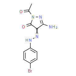ChemSpider 2D Image | 2-Acetyl-5-amino-4-[(4-bromophenyl)hydrazono]-2,4-dihydro-3H-pyrazol-3-one | C11H10BrN5O2