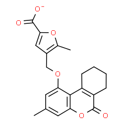 ChemSpider 2D Image | 5-Methyl-4-{[(3-methyl-6-oxo-7,8,9,10-tetrahydro-6H-benzo[c]chromen-1-yl)oxy]methyl}-2-furoate | C21H19O6