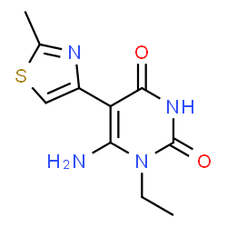 ChemSpider 2D Image | 6-Amino-1-ethyl-5-(2-methyl-1,3-thiazol-4-yl)-2,4(1H,3H)-pyrimidinedione | C10H12N4O2S