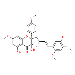 ChemSpider 2D Image | (2S,3aR,9aR)-8,9a-Dihydroxy-6-methoxy-3a-(4-methoxyphenyl)-2-[(E)-2-(2,4,5-trimethoxyphenyl)vinyl]-2,3,3a,9a-tetrahydro-9H-furo[3,2-b]chromen-9-one | C30H30O10