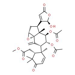 ChemSpider 2D Image | Methyl [(1R,2S)-2-{(1aR,3R,3aR,4R,5R,6R,7aS)-4,5-diacetoxy-3-[(2R)-2-hydroxy-5-oxo-2,5-dihydro-3-furanyl]-3a-methyl-7-methyleneoctahydroindeno[1,7a-b]oxiren-6-yl}-2,6,6-trimethyl-5-oxo-3-cyclohexen-1-
yl]acetate | C31H38O11
