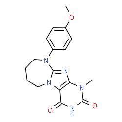 ChemSpider 2D Image | 10-(4-Methoxyphenyl)-1-methyl-7,8,9,10-tetrahydro-1H-[1,3]diazepino[2,1-f]purine-2,4(3H,6H)-dione | C17H19N5O3