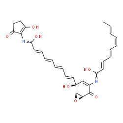 ChemSpider 2D Image | (2E,4E,6Z,8E)-N-[(1S,5S,6R)-5-Hydroxy-5-{(1E,3E,5E,7E)-9-hydroxy-9-[(2-hydroxy-5-oxo-1-cyclopenten-1-yl)imino]-1,3,5,7-nonatetraen-1-yl}-2-oxo-7-oxabicyclo[4.1.0]hept-3-en-3-yl]-2,4,6,8-decatetraenimi
dic acid | C30H30N2O7