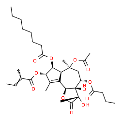 ChemSpider 2D Image | (3S,3aR,4S,6S,6aS,7S,8S,9bS)-6-Acetoxy-4-(butyryloxy)-3,3a-dihydroxy-3,6,9-trimethyl-8-{[(2E)-2-methyl-2-butenoyl]oxy}-2-oxo-2,3,3a,4,5,6,6a,7,8,9b-decahydroazuleno[4,5-b]furan-7-yl octanoate | C34H50O12