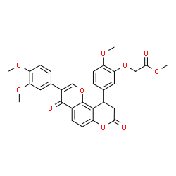 ChemSpider 2D Image | Methyl {5-[3-(3,4-dimethoxyphenyl)-4,8-dioxo-9,10-dihydro-4H,8H-pyrano[2,3-f]chromen-10-yl]-2-methoxyphenoxy}acetate | C30H26O10