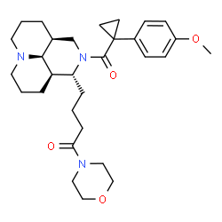 ChemSpider 2D Image | 4-[(1R,3aS,10aR,10bS)-2-{[1-(4-Methoxyphenyl)cyclopropyl]carbonyl}decahydro-1H,4H-pyrido[3,2,1-ij][1,6]naphthyridin-1-yl]-1-(4-morpholinyl)-1-butanone | C30H43N3O4