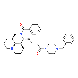 ChemSpider 2D Image | 1-(4-Benzyl-1-piperazinyl)-4-[(1R,3aS,10aR,10bS)-2-(3-pyridinylcarbonyl)decahydro-1H,4H-pyrido[3,2,1-ij][1,6]naphthyridin-1-yl]-1-butanone | C32H43N5O2