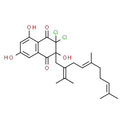 ChemSpider 2D Image | 3,3-Dichloro-2,5,7-trihydroxy-2-[(4E)-2-isopropylidene-5,9-dimethyl-4,8-decadien-1-yl]-2,3-dihydro-1,4-naphthalenedione | C25H30Cl2O5