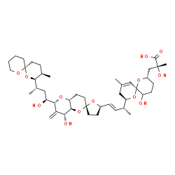 ChemSpider 2D Image | (2R)-2-Hydroxy-3-[(2S,6R,8R)-5-hydroxy-8-{(2R,3E)-4-[(2R,4a'R,5R,6'R,8'R,8a'S)-8'-hydroxy-6'-{(1S,3S)-1-hydroxy-3-[(2S,3R,6S)-3-methyl-1,7-dioxaspiro[5.5]undec-2-yl]butyl}-7'-methyleneoctahydro-3H,3'H
-spiro[furan-2,2'-pyrano[3,2-b]pyran]-5-yl]-3-buten-2-yl}-10-methyl-1,7-dioxaspiro[5.5]undec-10-en-2-yl]-2-methylpropanoic acid | C44H68O13