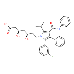 ChemSpider 2D Image | (3R,5R)-7-[2-(3-Fluorophenyl)-5-isopropyl-3-phenyl-4-(phenylcarbamoyl)-1H-pyrrol-1-yl]-3,5-dihydroxyheptanoic acid | C33H35FN2O5