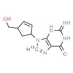 ChemSpider 2D Image | 9-[4-(Hydroxymethyl)-2-cyclopenten-1-yl]-2-imino(8-~13~C)-1,2,3,9-tetrahydro-6H-purin-6-one | C1013CH13N5O2