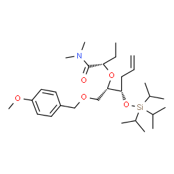 ChemSpider 2D Image | (2S)-2-({(2S,3S)-1-[(4-Methoxybenzyl)oxy]-3-[(triisopropylsilyl)oxy]-5-hexen-2-yl}oxy)-N,N-dimethylbutanamide | C29H51NO5Si