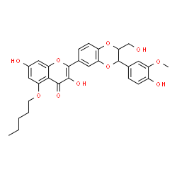 ChemSpider 2D Image | 3,7-Dihydroxy-2-[3-(4-hydroxy-3-methoxyphenyl)-2-(hydroxymethyl)-2,3-dihydro-1,4-benzodioxin-6-yl]-5-(pentyloxy)-4H-chromen-4-one | C30H30O10