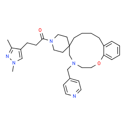 ChemSpider 2D Image | 3-(1,3-Dimethyl-1H-pyrazol-4-yl)-1-[4-(4-pyridinylmethyl)-2,3,4,5,7,8,9,10-octahydro-1'H-spiro[1,4-benzoxazacyclododecine-6,4'-piperidin]-1'-yl]-1-propanone | C32H43N5O2