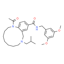 ChemSpider 2D Image | 1-Acetyl-N-(3,5-dimethoxybenzyl)-9-isobutyl-1,2,3,4,5,6,7,8,9,10-decahydro-1,9-benzodiazacyclododecine-12-carboxamide | C30H43N3O4