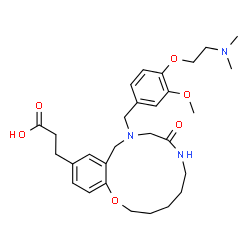ChemSpider 2D Image | 3-(10-{4-[2-(Dimethylamino)ethoxy]-3-methoxybenzyl}-8-oxo-2,3,4,5,6,7,8,9,10,11-decahydro-1,7,10-benzoxadiazacyclotridecin-13-yl)propanoic acid | C29H41N3O6