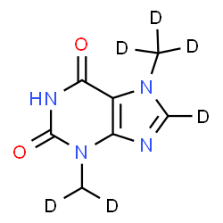 ChemSpider 2D Image | 3-(~2~H_2_)Methyl-7-(~2~H_3_)methyl(8-~2~H)-3,7-dihydro-1H-purine-2,6-dione | C7H2D6N4O2
