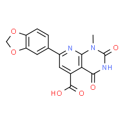 ChemSpider 2D Image | 7-(2H-1,3-benzodioxol-5-yl)-1-methyl-2,4-dioxo-1H,2H,3H,4H-pyrido[2,3-d]pyrimidine-5-carboxylic acid | C16H11N3O6