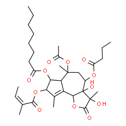 ChemSpider 2D Image | 6-Acetoxy-4-(butyryloxy)-3,3a-dihydroxy-3,6,9-trimethyl-8-{[(2Z)-2-methyl-2-butenoyl]oxy}-2-oxo-2,3,3a,4,5,6,6a,7,8,9b-decahydroazuleno[4,5-b]furan-7-yl octanoate | C34H50O12