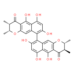 ChemSpider 2D Image | (2R,2'R,3R,3'S)-5,5',6,6',8,8'-Hexahydroxy-2,2',3,3'-tetramethyl-2,2',3,3'-tetrahydro-4H,4'H-9,9'-bibenzo[g]chromene-4,4'-dione | C30H26O10