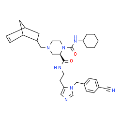 ChemSpider 2D Image | (2R)-4-(Bicyclo[2.2.1]hept-5-en-2-ylmethyl)-N~2~-{2-[1-(4-cyanobenzyl)-1H-imidazol-5-yl]ethyl}-N~1~-cyclohexyl-1,2-piperazinedicarboxamide | C33H43N7O2