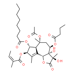 ChemSpider 2D Image | (3R,3aS,4R,6R,6aS,7R,8R,9bR)-6-Acetoxy-4-(butyryloxy)-3,3a-dihydroxy-3,6,9-trimethyl-8-{[(2Z)-2-methyl-2-butenoyl]oxy}-2-oxo-2,3,3a,4,5,6,6a,7,8,9b-decahydroazuleno[4,5-b]furan-7-yl octanoate | C34H50O12