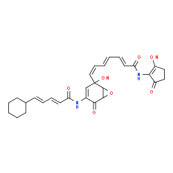 ChemSpider 2D Image | (2E,4E,6Z)-7-(4-{[(2E,4E)-5-Cyclohexyl-2,4-pentadienoyl]amino}-2-hydroxy-5-oxo-7-oxabicyclo[4.1.0]hept-3-en-2-yl)-N-(2-hydroxy-5-oxo-1-cyclopenten-1-yl)-2,4,6-heptatrienamide | C29H32N2O7