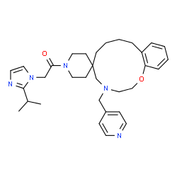 ChemSpider 2D Image | 2-(2-Isopropyl-1H-imidazol-1-yl)-1-[4-(4-pyridinylmethyl)-2,3,4,5,7,8,9,10-octahydro-1'H-spiro[1,4-benzoxazacyclododecine-6,4'-piperidin]-1'-yl]ethanone | C32H43N5O2