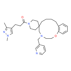 ChemSpider 2D Image | 3-(1,3-Dimethyl-1H-pyrazol-4-yl)-1-[4-(3-pyridinylmethyl)-2,3,4,5,7,8,9,10-octahydro-1'H-spiro[1,4-benzoxazacyclododecine-6,4'-piperidin]-1'-yl]-1-propanone | C32H43N5O2