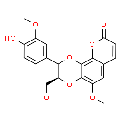 ChemSpider 2D Image | (3S)-2-(4-Hydroxy-3-methoxyphenyl)-3-(hydroxymethyl)-5-methoxy-2,3-dihydro-9H-[1,4]dioxino[2,3-h]chromen-9-one | C20H18O8