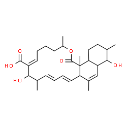 ChemSpider 2D Image | (7Z,11E,13E)-9,17-Dihydroxy-3,10,15,18,20b-pentamethyl-1-oxo-3,4,5,6,9,10,14a,16a,17,18,19,20,20a,20b-tetradecahydro-1H-naphtho[1,2-c]oxacyclohexadecine-8-carboxylic acid | C29H42O6