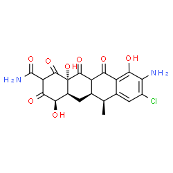 ChemSpider 2D Image | (4R,4aS,5aR,6S,12aS)-9-Amino-8-chloro-4,10,12a-trihydroxy-6-methyl-1,3,11,12-tetraoxo-1,2,3,4,4a,5,5a,6,11,11a,12,12a-dodecahydro-2-tetracenecarboxamide | C20H19ClN2O8