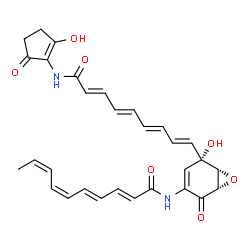 ChemSpider 2D Image | (2E,4E,6Z,8Z)-N-[(1S,5S,6R)-5-Hydroxy-5-{(1E,3E,5E,7E)-9-[(2-hydroxy-5-oxo-1-cyclopenten-1-yl)amino]-9-oxo-1,3,5,7-nonatetraen-1-yl}-2-oxo-7-oxabicyclo[4.1.0]hept-3-en-3-yl]-2,4,6,8-decatetraenamide | C30H30N2O7